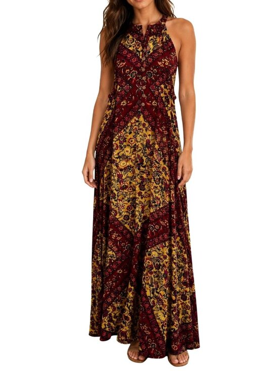 RAGA Dresses & Skirts - Raga X Anthropologie Maxi Dress Yellow Red Floral Boho Floral Boho Halter XS NEW